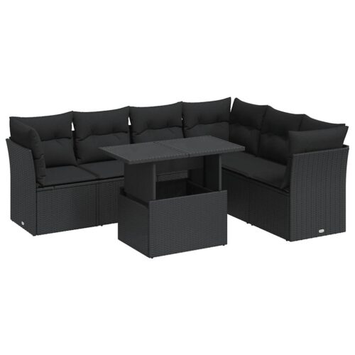 7-Piece Garden Sofa Set with Cushions Black Poly Rattan - Image 13
