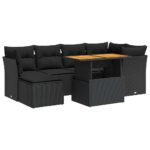 7-Piece Garden Sofa Set with Cushions Black Poly Rattan