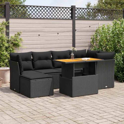 7-Piece Garden Sofa Set with Cushions Black Poly Rattan - Image 2
