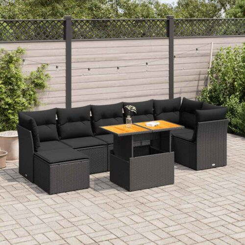8-Piece Garden Sofa Set with Cushions Black Poly Rattan - Image 2