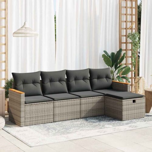 5-Piece Garden Sofa Set with Cushions Grey Poly Rattan - Image 2