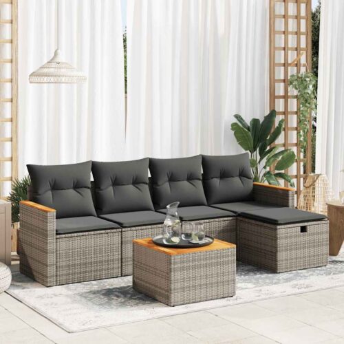 6-Piece Garden Sofa Set with Cushions Grey Poly Rattan - Image 2