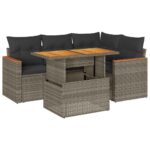 5-Piece Garden Sofa Set with Cushions Grey Poly Rattan Acacia