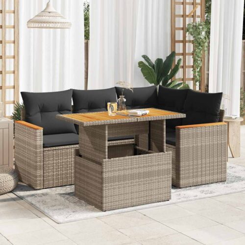 5-Piece Garden Sofa Set with Cushions Grey Poly Rattan Acacia - Image 2