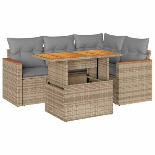 5-Piece Garden Sofa Set with Cushions Beige Poly Rattan Acacia