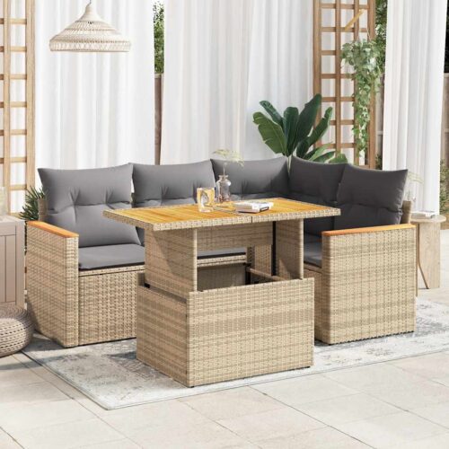 5-Piece Garden Sofa Set with Cushions Beige Poly Rattan Acacia - Image 2