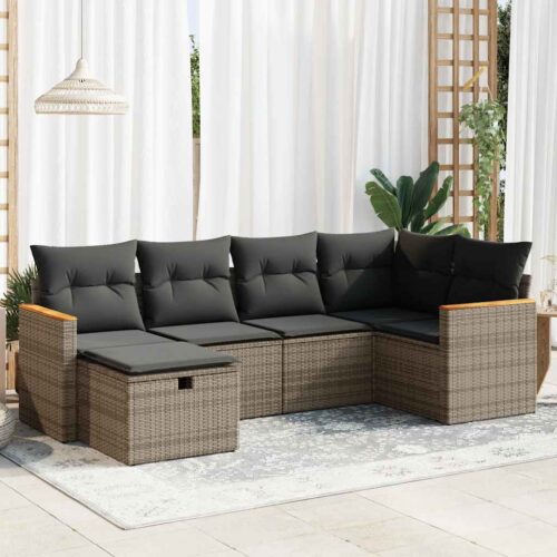 6-Piece Garden Sofa Set with Cushions Grey Poly Rattan - Image 2