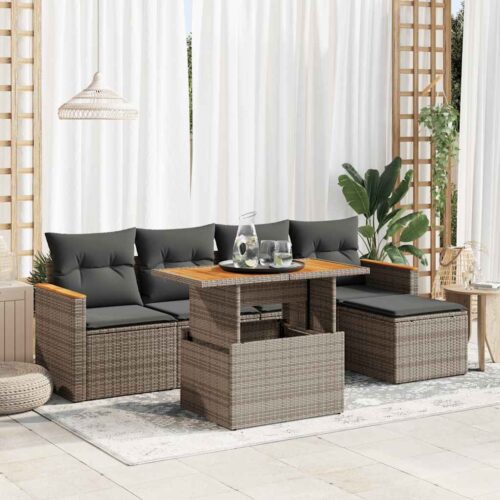 6-Piece Garden Sofa Set with Cushions Grey Poly Rattan Acacia - Image 2