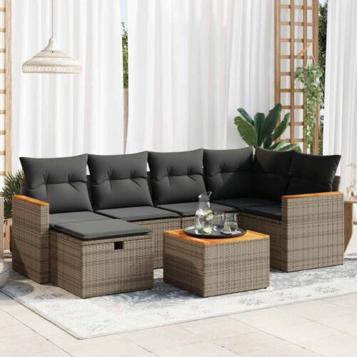 7-Piece Garden Sofa Set with Cushions Grey Poly Rattan - Image 2