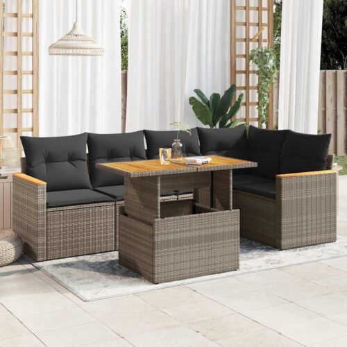 5-Piece Garden Sofa Set with Cushions Grey Poly Rattan Acacia - Image 2