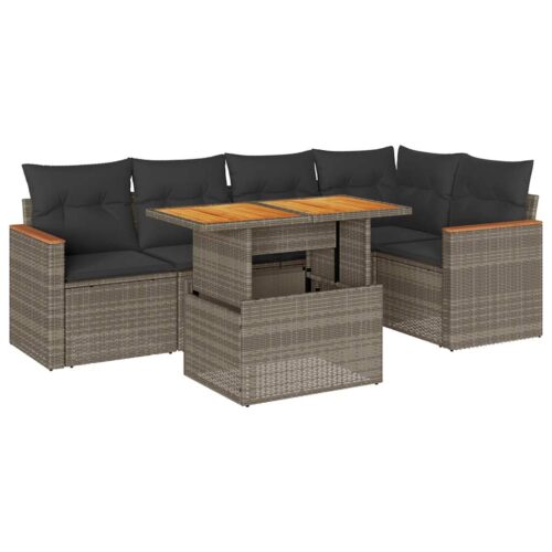 5-Piece Garden Sofa Set with Cushions Grey Poly Rattan Acacia - Image 12