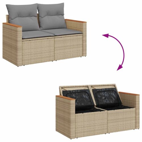 5-Piece Garden Sofa Set with Cushions Beige Poly Rattan Acacia - Image 7