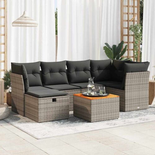 7-Piece Garden Sofa Set with Cushions Grey Poly Rattan - Image 2