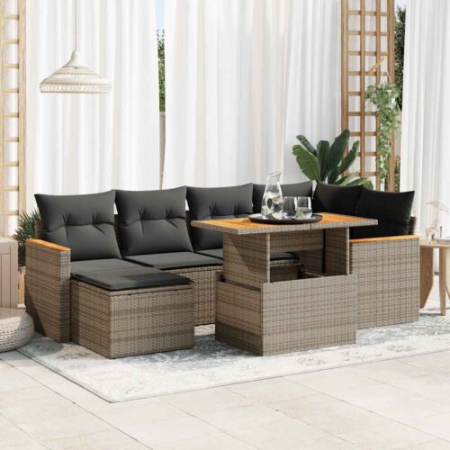 7-Piece Garden Sofa Set with Cushions Grey Poly Rattan Acacia - Image 2