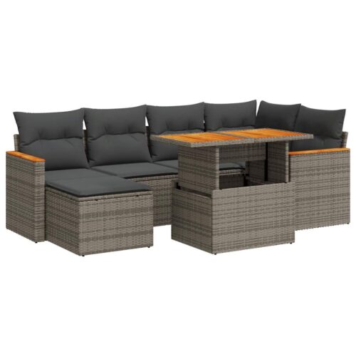 7-Piece Garden Sofa Set with Cushions Grey Poly Rattan Acacia - Image 13