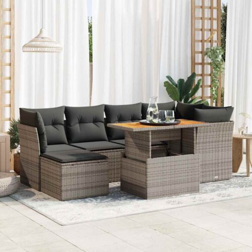 7-Piece Garden Sofa Set with Cushions Grey Poly Rattan - Image 2
