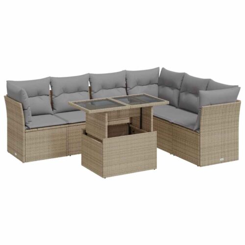 7-Piece Garden Sofa Set with Cushions Beige Poly Rattan