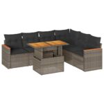 7-Piece Garden Sofa Set with Cushions Grey Poly Rattan Acacia