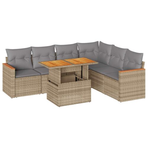 7-Piece Garden Sofa Set with Cushions Beige Poly Rattan Acacia