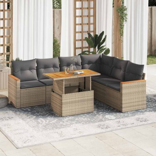 7-Piece Garden Sofa Set with Cushions Beige Poly Rattan Acacia - Image 2
