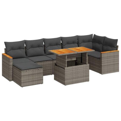 8-Piece Garden Sofa Set with Cushions Grey Poly Rattan Acacia