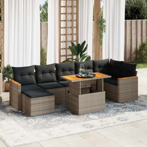 8-Piece Garden Sofa Set with Cushions Grey Poly Rattan Acacia - Image 2