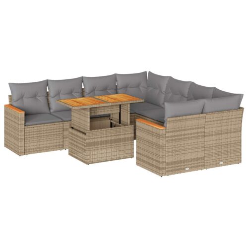 9-Piece Garden Sofa Set with Cushions Beige Poly Rattan Acacia