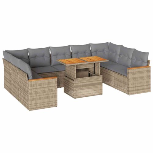 10-Piece Garden Sofa Set with Cushions Beige Poly Rattan Acacia