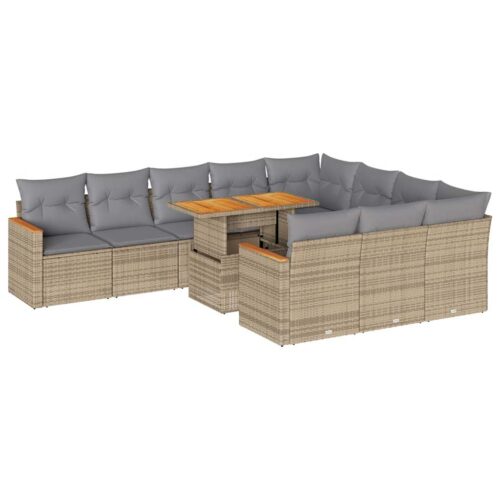 11-Piece Garden Sofa Set with Cushions Beige Poly Rattan Acacia - Image 13