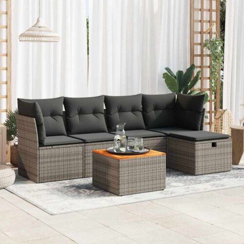 6-Piece Garden Sofa Set with Cushions Grey Poly Rattan - Image 2