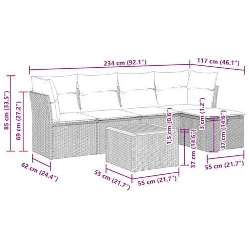 6-Piece Garden Sofa Set with Cushions Grey Poly Rattan - Image 12