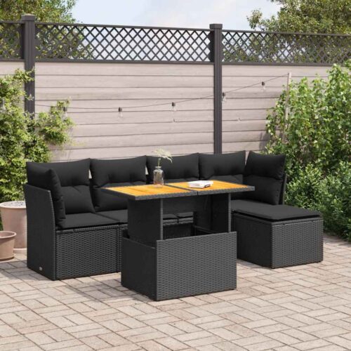 6-Piece Garden Sofa Set with Cushions Black Poly Rattan - Image 2