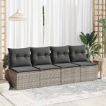 4-Piece Garden Sofa Set with Cushions Grey Poly Rattan Acacia