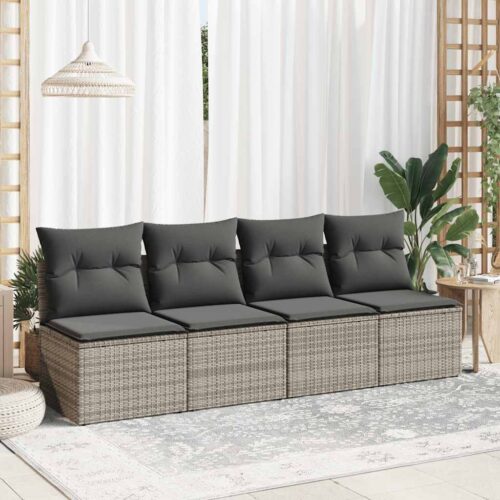 4-Piece Garden Sofa Set with Cushions Grey Poly Rattan Acacia