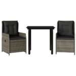 3-Piece Garden Dining Set with Cushions Grey Poly Rattan