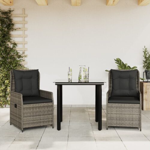 3-Piece Garden Dining Set with Cushions Grey Poly Rattan - Image 2