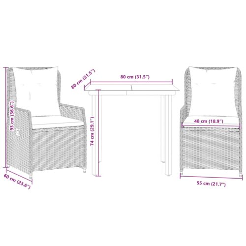 3-Piece Garden Dining Set with Cushions Grey Poly Rattan - Image 8