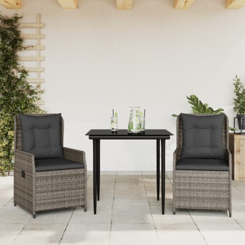 3-Piece Garden Dining Set with Cushions Grey Poly Rattan - Image 2
