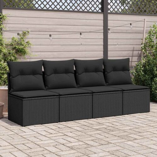 4-Piece Garden Sofa Set with Cushions Black Poly Rattan Acacia - Image 3