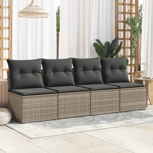 4-Piece Garden Sofa Set with Cushions Grey Poly Rattan Acacia - Image 3