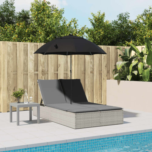 Double Sun Lounger with Cushions Parasol Light Grey Poly Rattan - Image 3