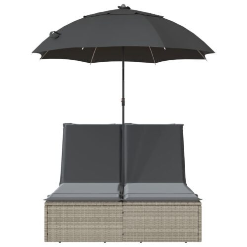 Double Sun Lounger with Cushions Parasol Light Grey Poly Rattan - Image 4