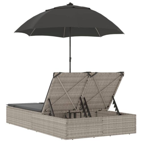 Double Sun Lounger with Cushions Parasol Light Grey Poly Rattan - Image 6