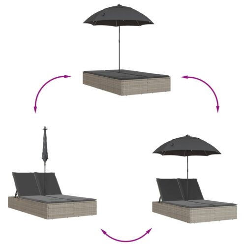 Double Sun Lounger with Cushions Parasol Light Grey Poly Rattan - Image 7