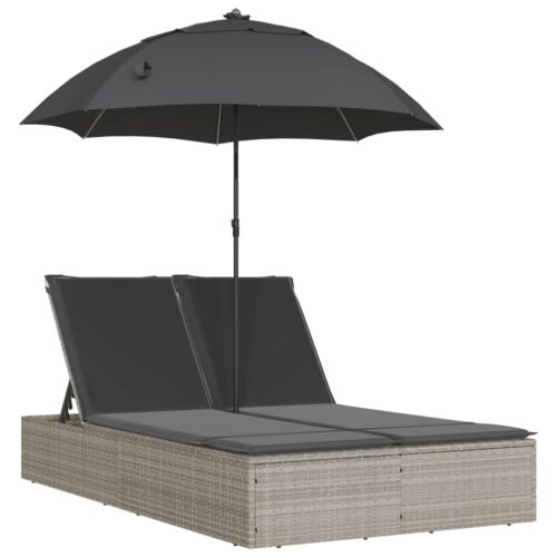 Double Sun Lounger with Cushions Parasol Light Grey Poly Rattan - Image 11