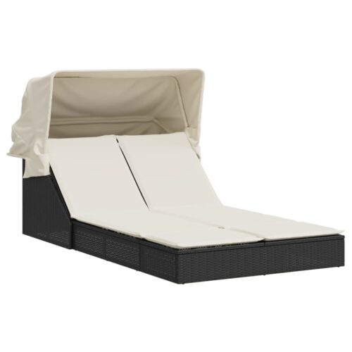 Double Canopy Sun Lounger with Cushions Black Poly Rattan