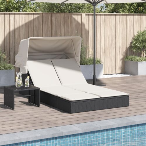 Double Canopy Sun Lounger with Cushions Black Poly Rattan - Image 2