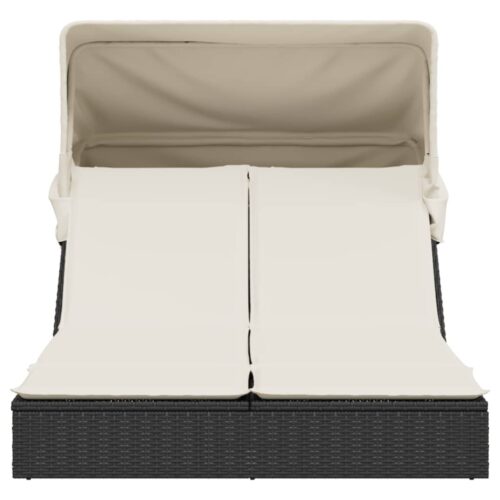 Double Canopy Sun Lounger with Cushions Black Poly Rattan - Image 3