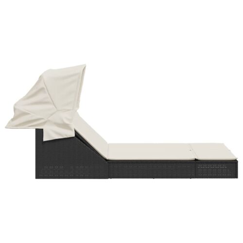 Double Canopy Sun Lounger with Cushions Black Poly Rattan - Image 4