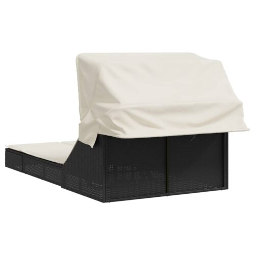 Double Canopy Sun Lounger with Cushions Black Poly Rattan - Image 5